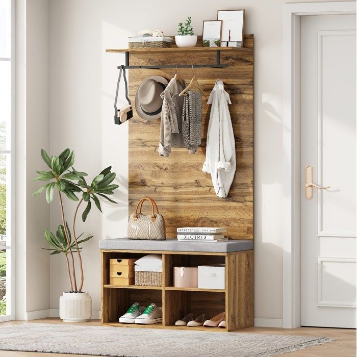 Meuble d’entrée avec banc à chaussures rembourré penderie et étagère réglable aspect chêne 84 x 35 x 175 cm