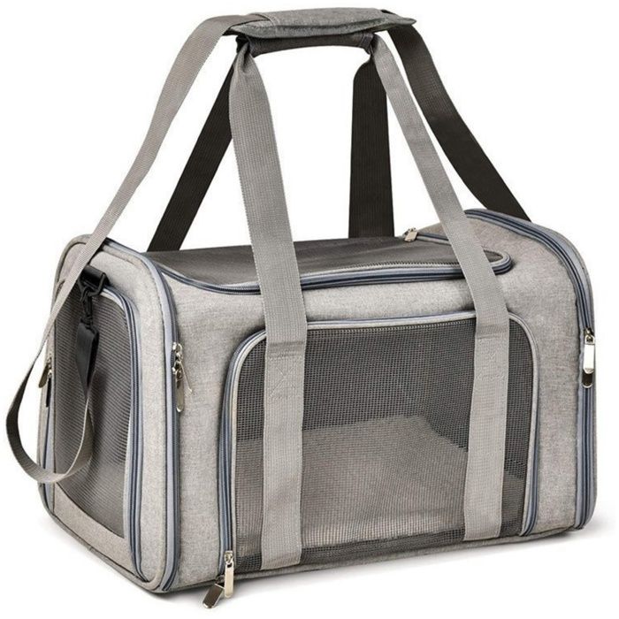 Sac Transport Chat Chien 40x25x25cm Souple Pliable - Bandoulière Réglable Conforme Bagage Cabine Avion Gris