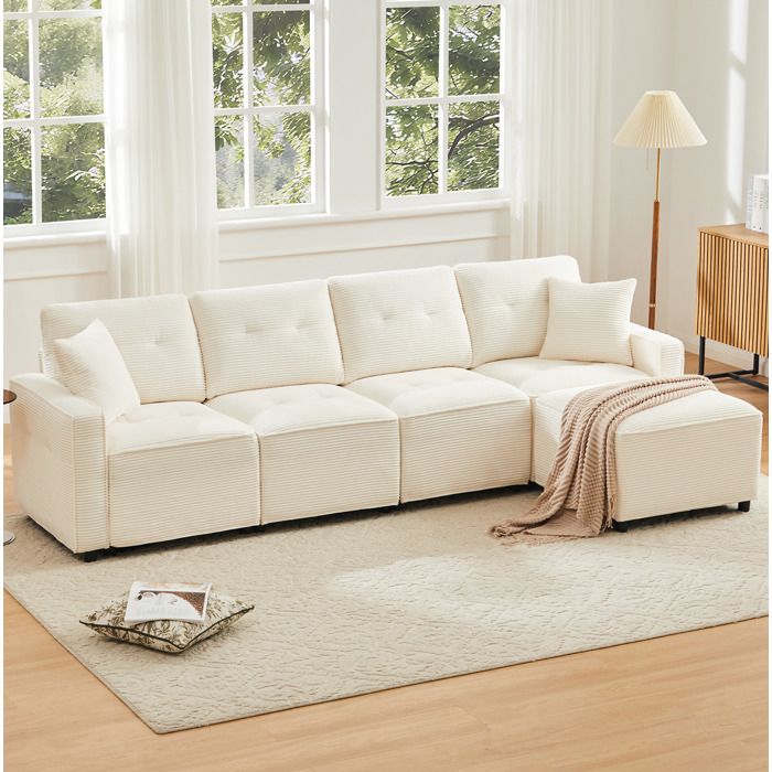 Canapé modulable droit 4 places avec coffre de rangement et pouf - YEAVIO - assise déhoussable velours côtelé beige
