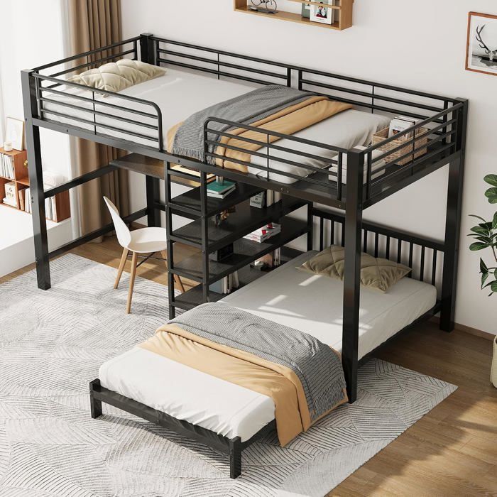 Lit superposé en métal en forme de L 90x200cm-noir-  idéal pour les chambres denfants et les dortoirs détudiant