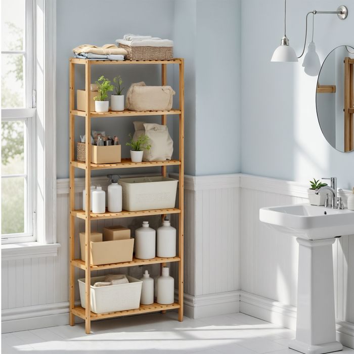 Colonne De Salle De Bain en Bambou 6 Niveaux Meuble à Chaussures Multifonction 26 x 60 x 161 cm Beige