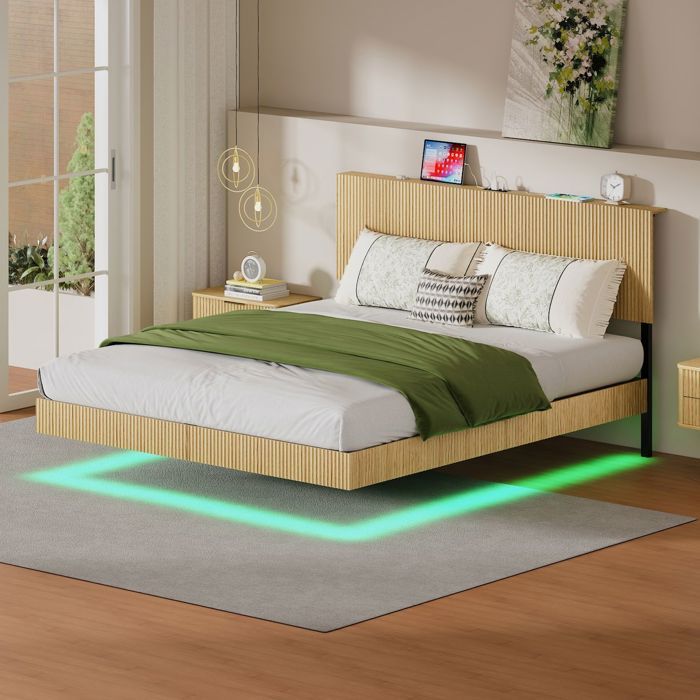 Lit - SOGEU - 180 x 200 cm - Design flottant - Tête de lit rainurée avec LED - Structure acier renforcé