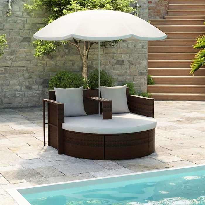 Brun Lit de jardin avec parasol Marron Résine tressée - Meuble de balcon LV59080