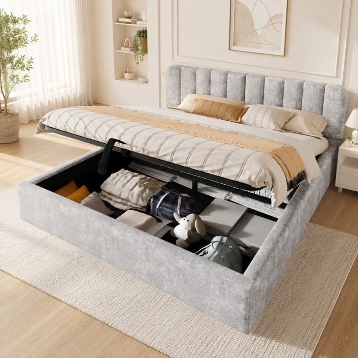 Lit 180x200 cm avec rangement Lit coffre avec LED Lit capitonne avec sommier à lattes Lit 2 Personne Lit adulte Gris clair