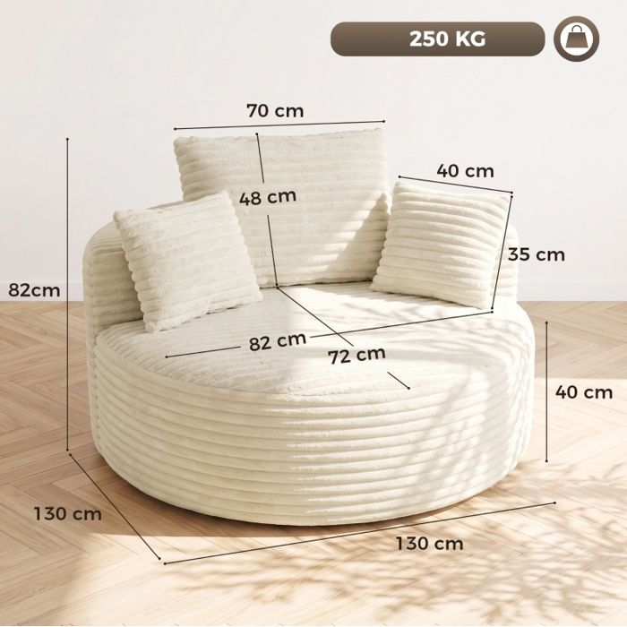 Fauteuil lounge rond EVRYAE 130 x 130 x 82 cm assise extra profonde 4 coussins blanc crème