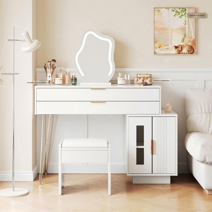 Coiffeuse Blanche avec Miroir LED Tactile Table de Maquillage Extensible avec Tiroirs Meuble Chambre 100 cm Norevia