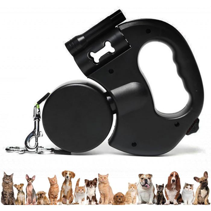 Laisse double rétractable pour chien laisse enroulable avec lumière LED laisse flexible 3M bouton de frein rapide pour chiens