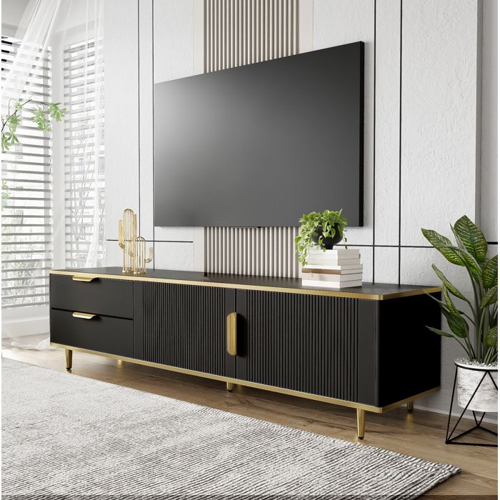MEUVYX Meuble TV bas avec 2 tiroirs 2 portes et rangement poignées et pieds dorés en MDF noir et or 170 × 37 × 45 cm