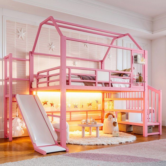 Lit surélevé enfant maison métal rose avec toboggan escalier rangement & LED Bluetooth certifié EN 747 matelas 140x200 cm