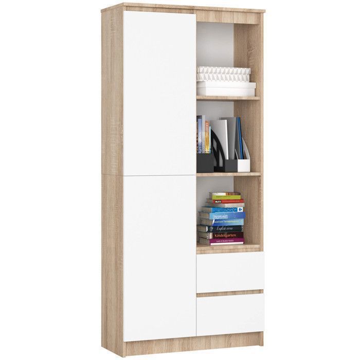 Bibliothèque de bureau AKORD R11 Chêne Sonoma 80 cm 1 porte 2 tiroirs façade Blanche 7 étagères 80x35x180 cm Bibliothèque de bureau AKORD R11 Chêne Sonoma 80 cm 1 porte 2 tiroirs façade Blanche 7 étagères 80x35x180 cm
