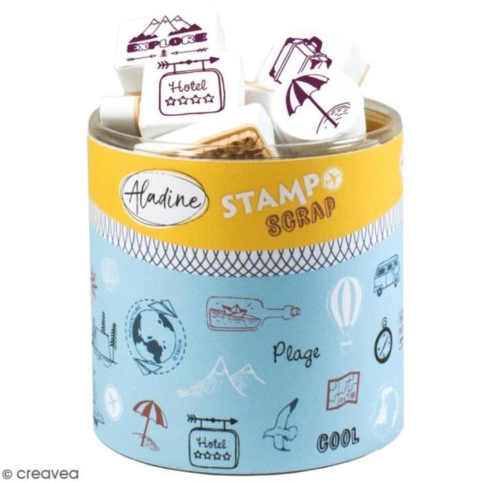 Kit de tampons Stampo Scrap - Voyage - 47 pcs Coffret tampons Stampo Scrap Aladine : hème-nbsp : Voyage Contient : 1 encreur noir