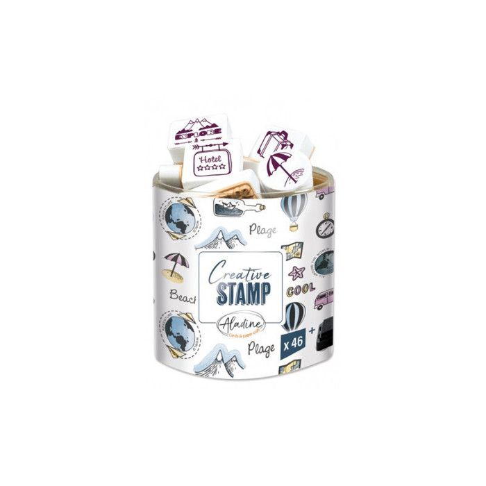 Kit de tampons Stampo Scrap - Voyage - 47 pcs Coffret tampons Stampo Scrap Aladine : hème-nbsp : Voyage Contient : 1 encreur noir