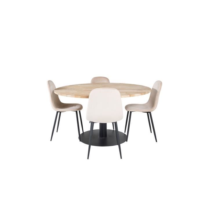 cirebon140 ensemble table, table teck et 4 polar chaises velours beige.