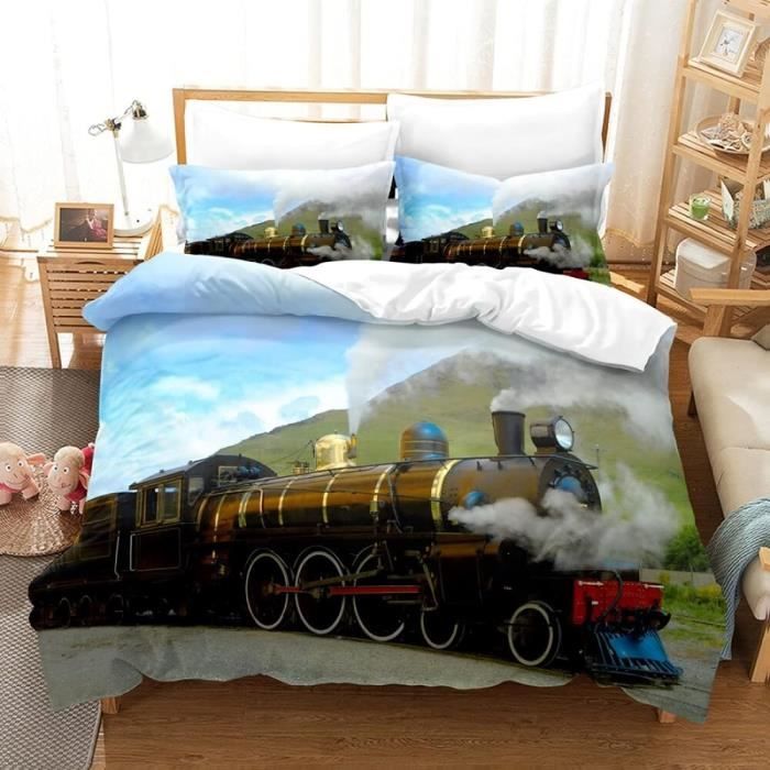 Homemissing Train Housse De Couette 100% Coton Retro Steamer Bambin Parure De Lit 100% Coton Pour Adolescents Railway Track Transport Rouge Bleu Noir Ensemble Lightroom 3 Pièces 220x240cm Zip
