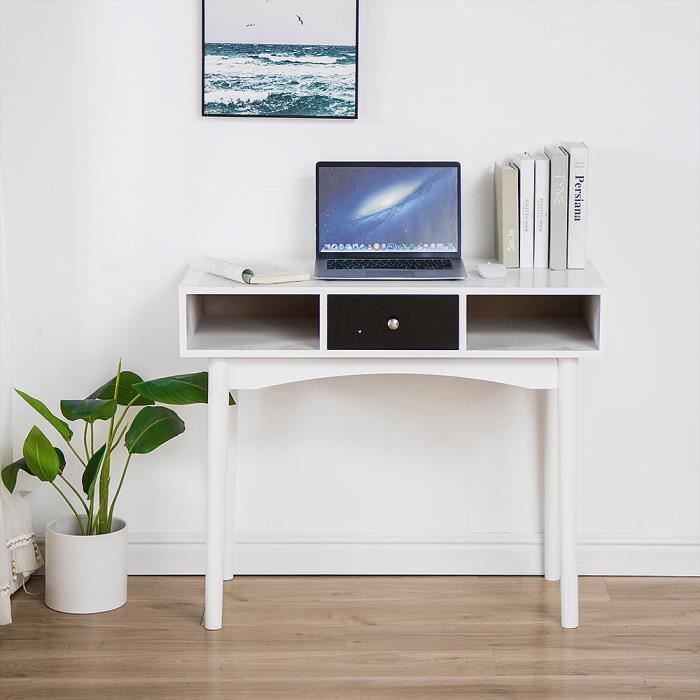 Bilingda Bureau Droit 1 Tiroir Et 2 Niches De Rangement Pieds En Bois Massif Blanc Et Noir Cdiscount Maison