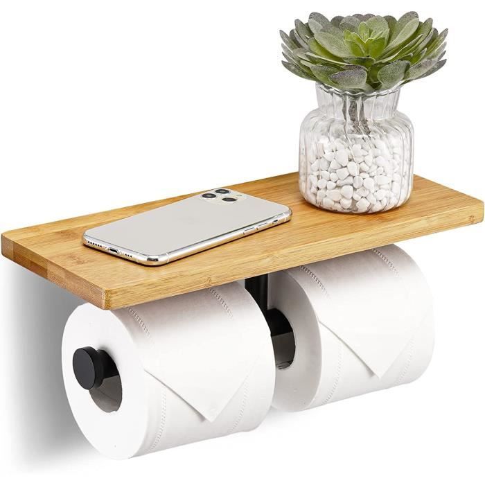Porte-Papier Toilette Mural En Bambou Avec Étagère - Installation Sans Perçage (Adhésif) Ou Avec Perçage - Pour Salle De Bain