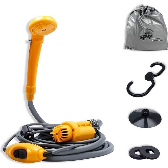Douche de camping - AUFUN - Portable 12 V - Tuyau de 2 m - Câble de 5 m - Accessoires inclus