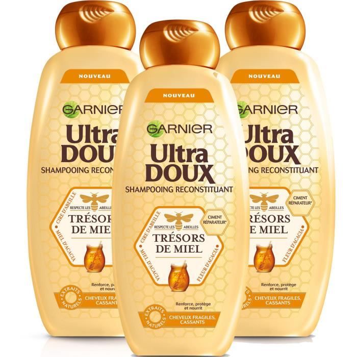 GARNIER Shampooing Ultra Doux Trésors de Miel Cheveux fragiles et cassants 400 ml (Lot de 3