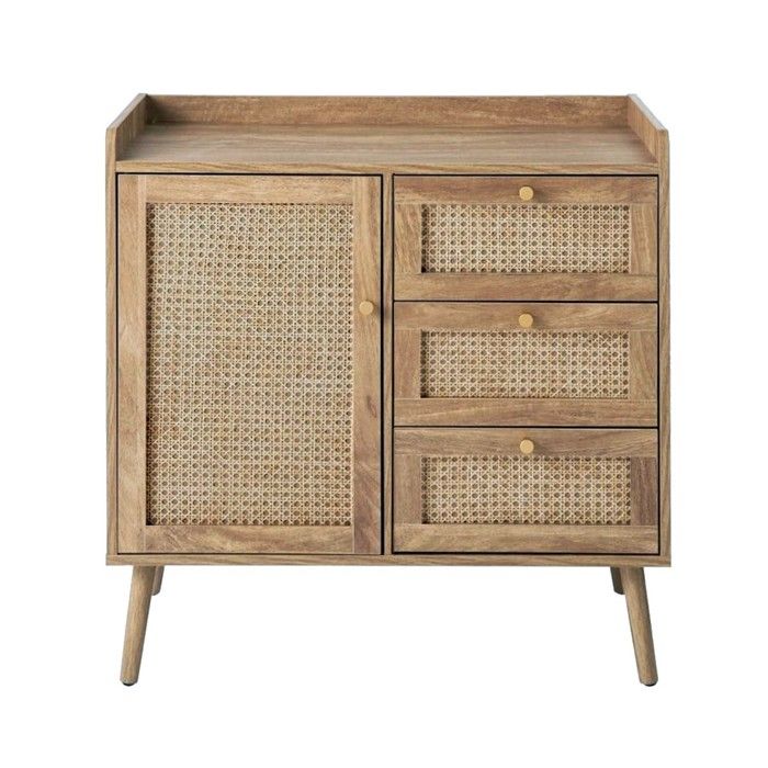 CALICOSY - Commode 1 porte 3 tiroirs avec façades en rotin et pieds en bois L80 cm - PALMO - Bois clair