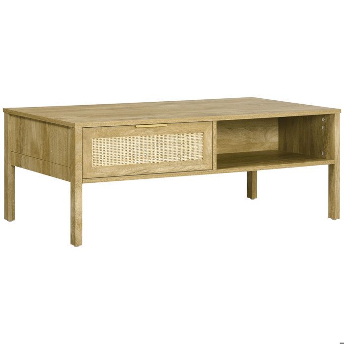 Table basse style bohème chic tiroir coulissant, 2 niches cannage