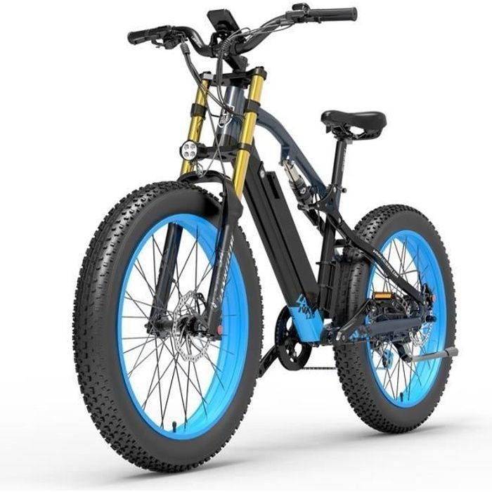 velo electrique LANKELEISI RV700 45KM/H Moteur 1000W Autonomie 120km amortisseur avant 26 pouces VTT fat bike 48V16Ah bleu