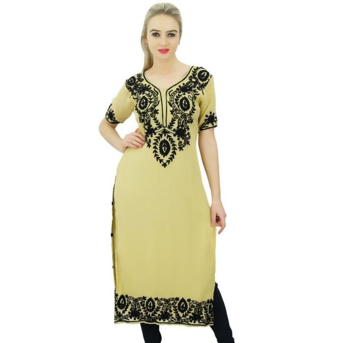 Indian Designer Cotton Long Kurti Kurtis-Tuniques pour femme robe jaune Kurta