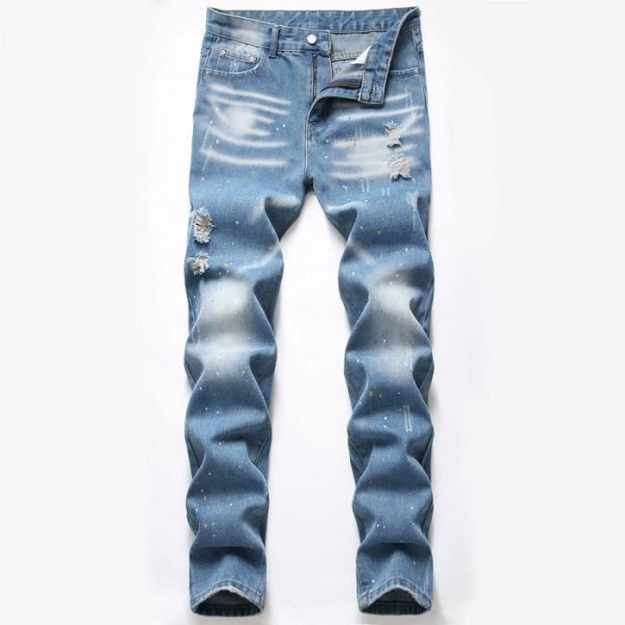 Jeans Dechires Fashion Homme Coupe Droite Pantalon en Jean 5 Poches Effet Abrasion Delave Bleu clair Cdiscount Pret a Porter