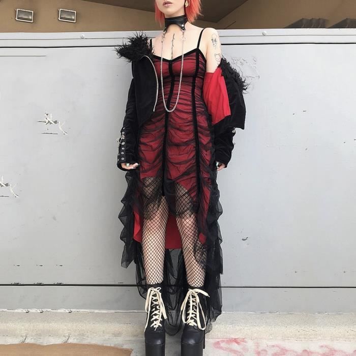 Robe Robe gothique en maille plissee Sexy pour femmes robe longue d ete rouge noir Patchwork irregulier de styliste Type Black Blanc Cdiscount Pret a Porter