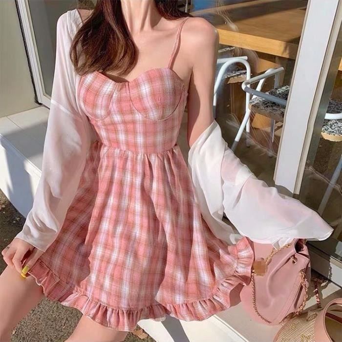 Robe d ete a carreaux pour femmes Vintage Sexy Style boheme Rose Tenue de plage Rayee A volants Blanc Cdiscount Pret a Porter