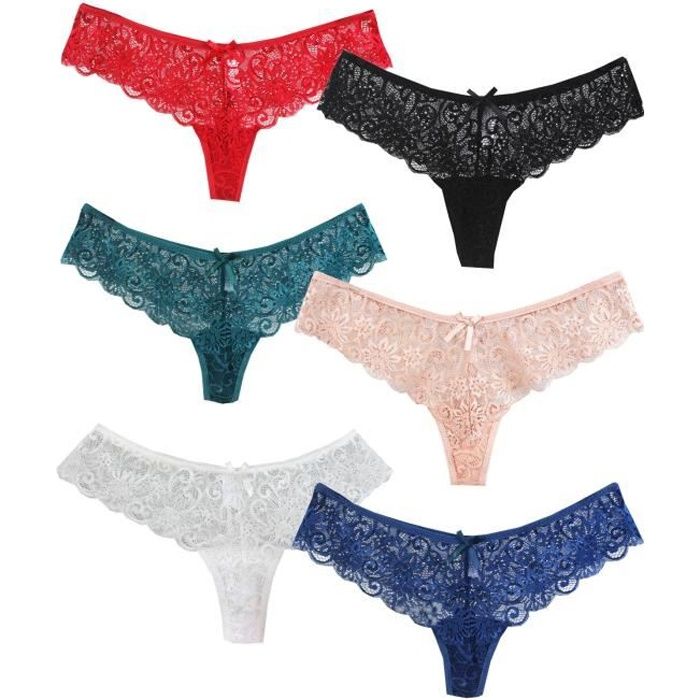 Lot De 6 Strings Femme En Dentelle Et Coton - Taille V, Respirants, Sans Marques Visibles