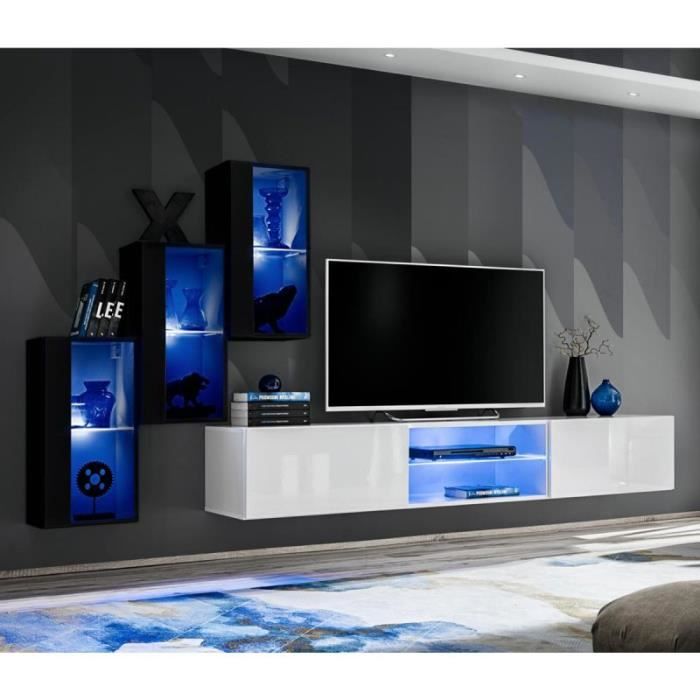 Ensemble Meuble Tv Design - PARIS PRIX - Switch Xxii - Noir - Blanc - LED