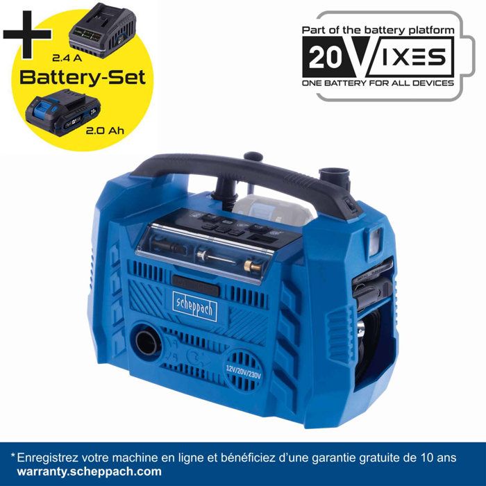 Compresseur sans fil Airforce 6 - pression max 10 3bars - 6 accessoires inclus - SCHEPPACH 20V IXES - Batterie 2Ah + chargeur 2.4A Compresseur sans fil Airforce 6 - pression max 10 3bars - 6 accessoires inclus - SCHEPPACH 20V IXES - Batterie 2Ah + chargeur 2.4A