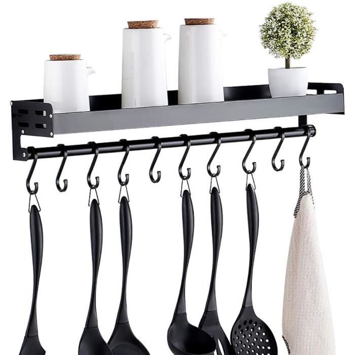 Support Mural Sans Perçage 40 Cm 6 Crochets En Alliage D'aluminium Noir