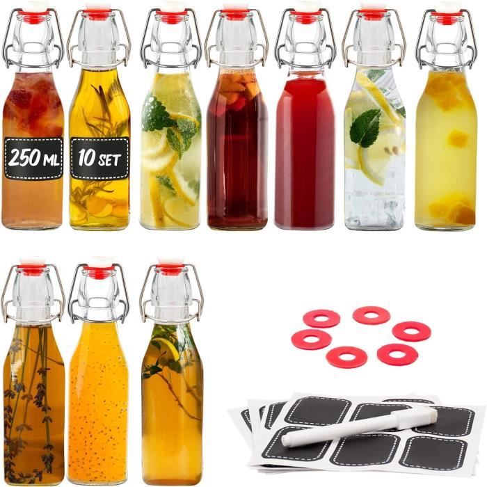 Lot De 6 Bouteilles En Verre 250ml Avec Bouchon Mécanique - Pour Liqueurs, Huile, Vinaigrette - Étiquettes Incluses