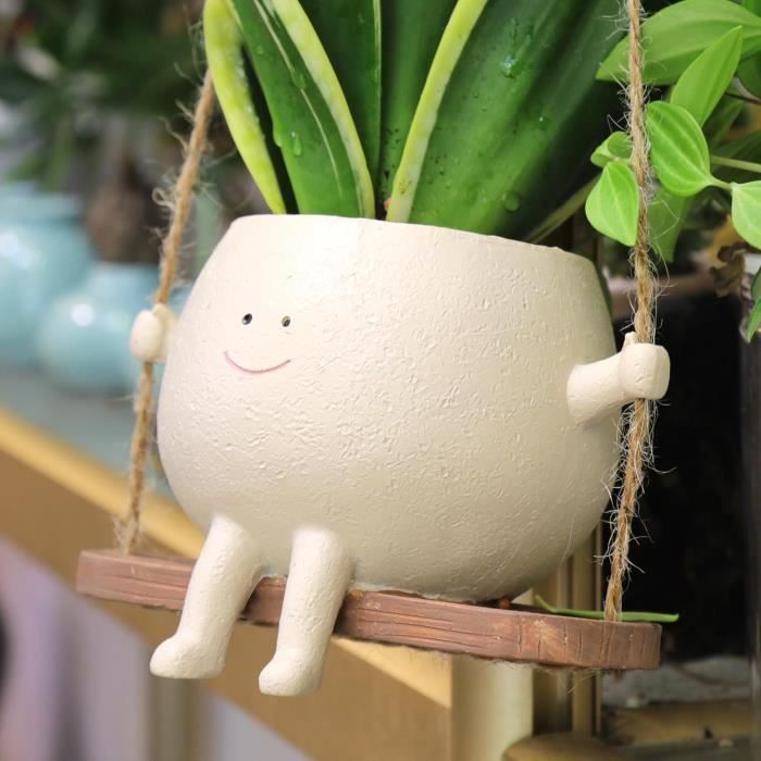 Pot De Fleurs Suspendu Avec Tête Qui Balance - Résine - Drôle Et Décoratif - Pour Intérieur Et Extérieur - 2