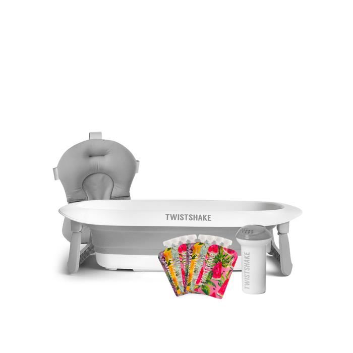 Twistshake Kit de Bain pour Bébé (Lot de 4) - Baignoire Pliable + Coussin + Gobelet de Rinçage + 8x Pochettes Alimentaires de 220ml