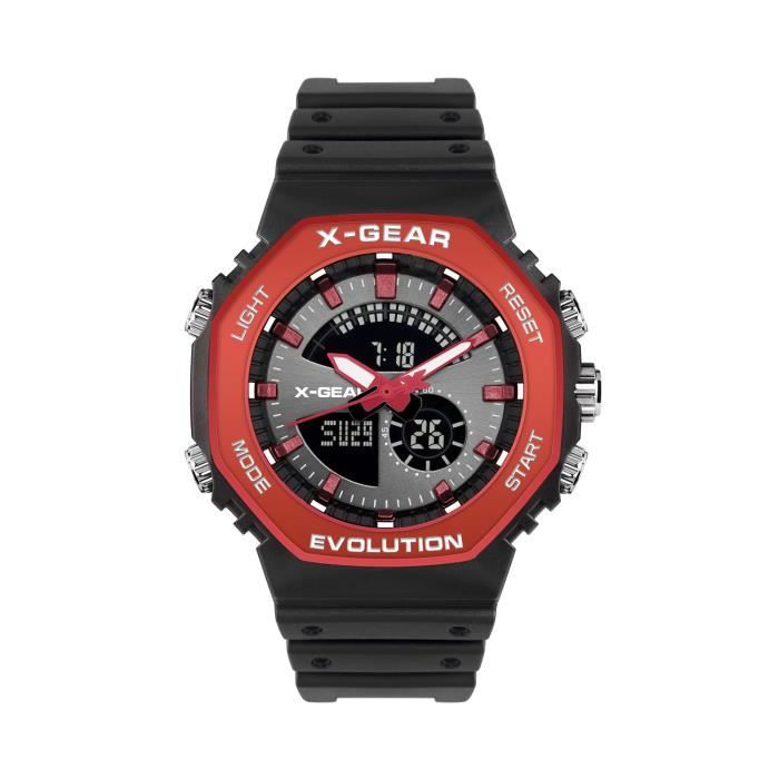 X GEAR Montre pour Homme Multifonctionnel Etanche Chronographe Double Affichage Montre Electronique Cadran Rouge