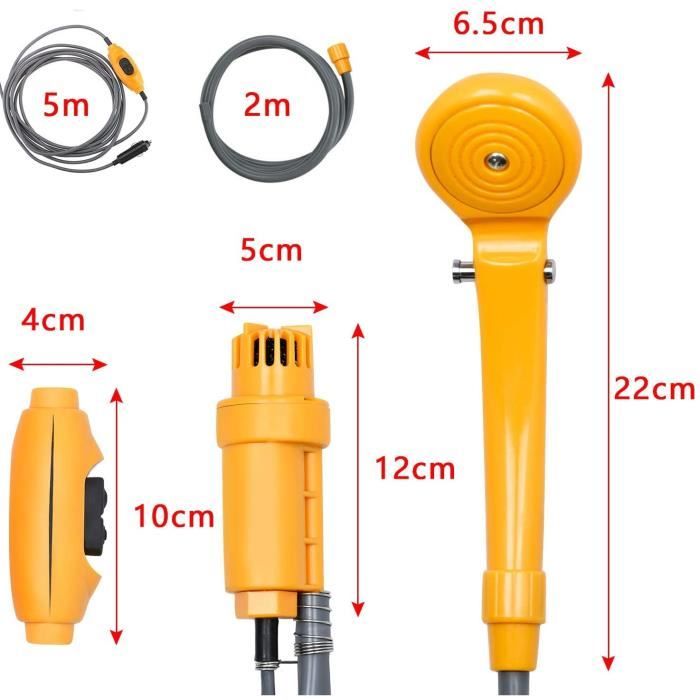 Douche Portable 12V Pour Camping – Pompe électrique 2,5L/min, Tuyau 2m, Câble 4m, Pression Réglable – Kit Bain Mobile Et Lavage