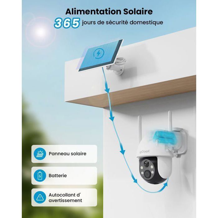 IeGeek 2K Rotation à 180° Camera Surveillance WiFi Exterieure Sans Fil 2 4ghz Camera Batterie Vision Nocturne Couleur Audio Bidirectionnel Detection De Mouvement Pir Sirene Local Cloud Noir S3