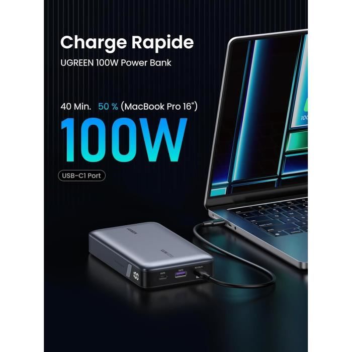 Power Bank UGREEN Nexode 145W - 20000mAh, Câble USB-C Intégré 100W, 3 Ports, Charge Rapide - 7