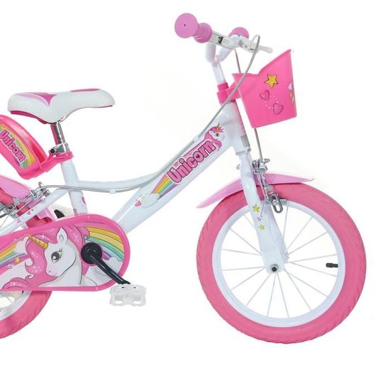 Vélo Enfant 14 Pouces Bambini Avec Roulettes - Design Licorne Rose - Panier Et Siège Poupée - 3-6 Ans