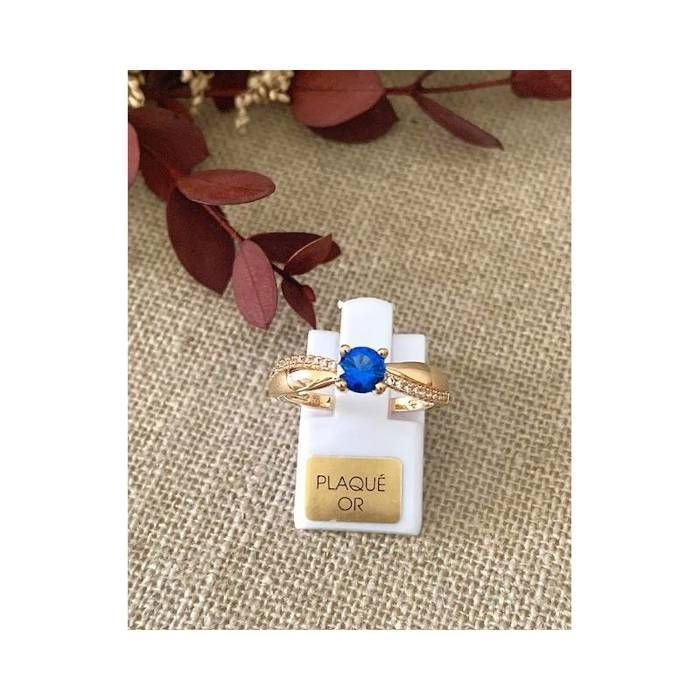 Bague Ajustable En Acier Doré Avec Saphir Bleu - Bijou Fantaisie - Neuf Avec étiquettes