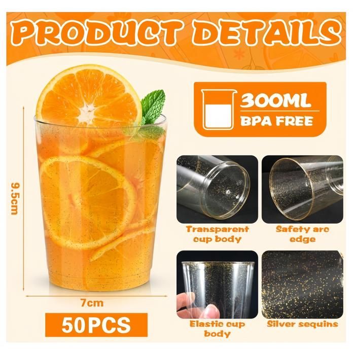 WSeltrium - 50 Gobelets Réutilisables Transparents à Bords Doré & Argenté - 300 Ml Pour Fêtes
