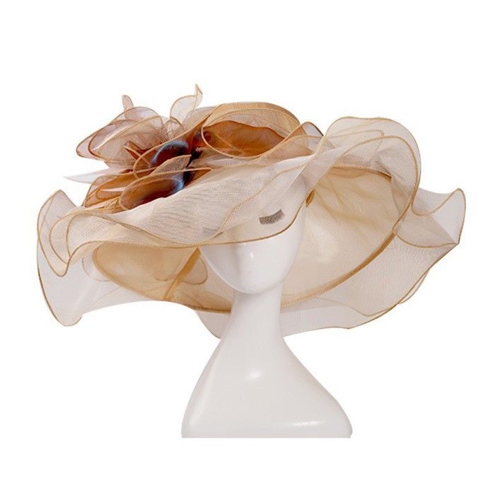 Chapeau De Soleil Femme à Large Bord En Organza & Maille - Fleurs & Plumes - Taille Unique