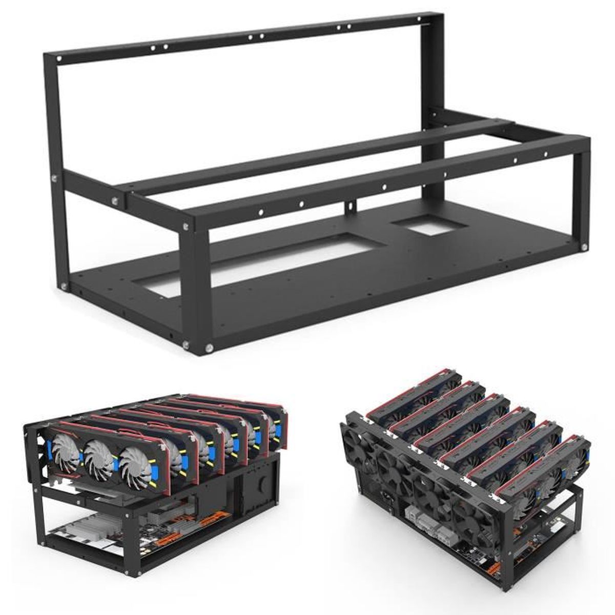Châssis Ouvert Pour PC Gaming / Minage - Support Carte Mère ATX, M-ATX, ITX - Dissipation Thermique Optimisée - Noir