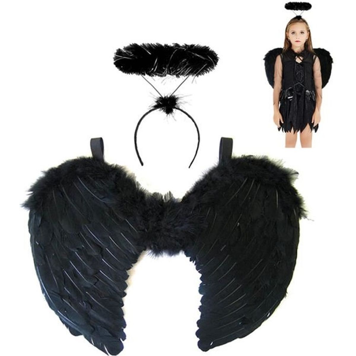 TSHAOUN Ailes d'ange plumes Costume d'ailes d'ange Plumes Fancy Dress Ailes et auréole d'ange Baguette Magique Costume de Halloween Carnaval Cosplay, auréole d'ange Costume de soirée Blanc