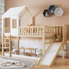 SEYAKANY Lit superposé enfant 90x200cm Lit cabane en bois avec toit fenêtre échelle toboggan et sommiers à lattes - naturel