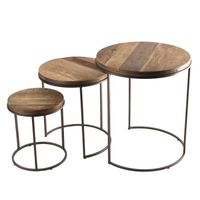 MACABANE ALIDA - Set de 3 tables d'appoint rondes marrons Teck recyclé Acacia Mahogany pieds métal noirs