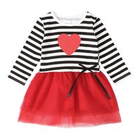 2-7 Ans Robe à Rayures Blanc et Noir Coeur Tutu Rouge Manches Longues pour Bébé Enfant Fille Tenue Mode