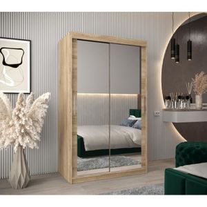 Roma - grande armoire chambre bureau 205x160x52 cm - penderie - 2 portes -  2 miroirs - 2 tiroirs - meuble de rangement - sonoma - Conforama